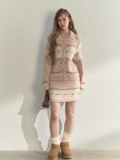 Kawaii Knit Pink Skirt Dog Pattern Style with