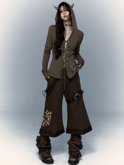 ヒョウ柄ポケット付きブラウンパンクローウエストパンツ