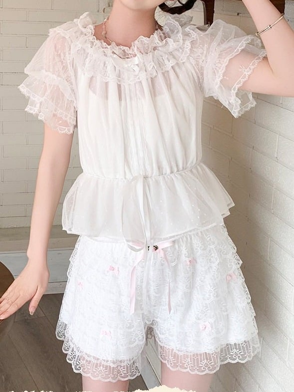 White Off-Shoulder Lolita Top with Puff Sleeves and Bow - Lan Jian Chuan