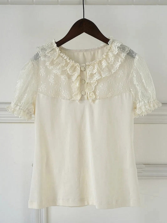 チュールロリータダブルショートレイヤースリーブカラーブラウスアプリコット