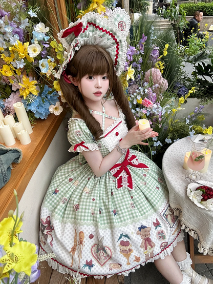 Gingham Black Sleeves Kitty and Print Sweet Lolita Dress Short Bunny