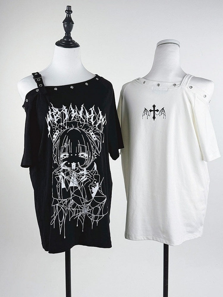 White Asymmetric Shoulder Anime Girl Print Tee - Tribuo Flos