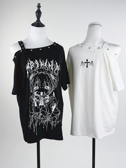 White Asymmetric Shoulder Anime Girl Print Tee - Tribuo Flos