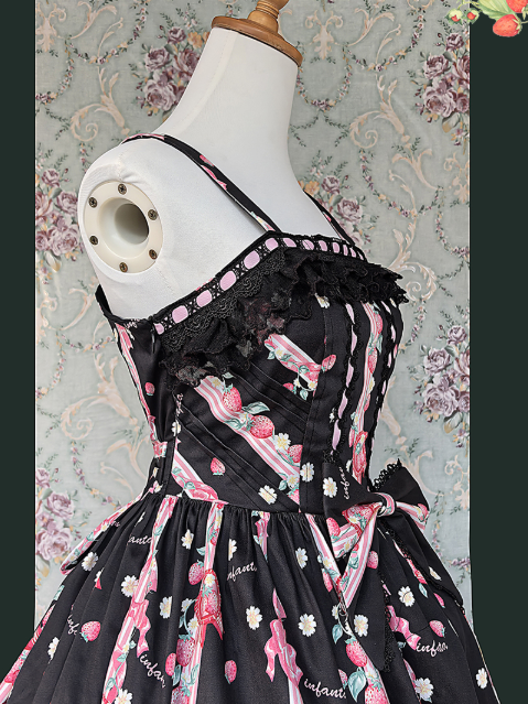 Bow Pink Lolita Lace Hem Strawberry with Black Print Sweet Dress and Details