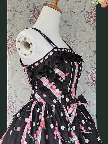 Bow Pink Lolita Lace Hem Strawberry with Black Print Sweet Dress and Details