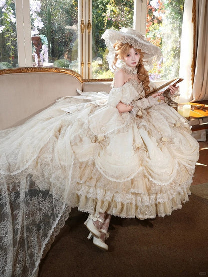 Hime Off-Shoulder Layered Hanayome Ruffles with Gown Lace Details Champagne and Bow Lolita Version Short
