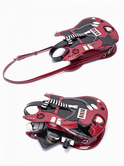 Red Sweetheart Black Guitar-shaped Design Star Embroidered Bag