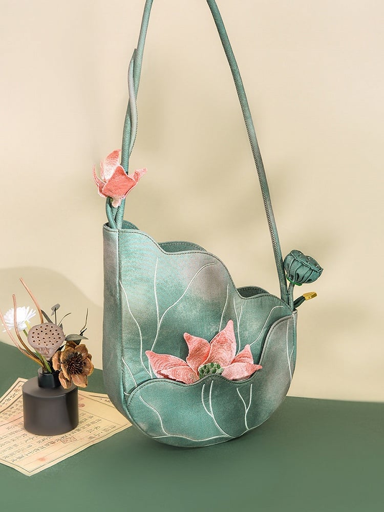 Embroidered Lotus Bag Pink Green - Miss Cat