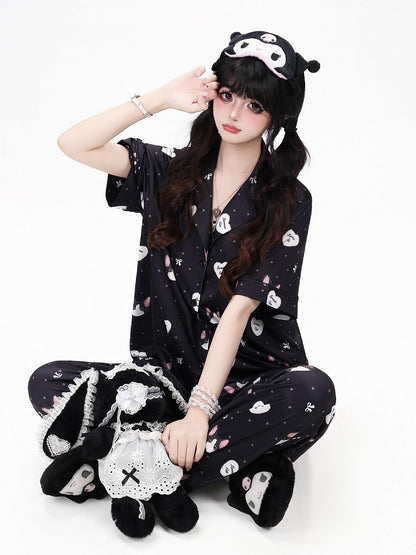 Otaku-Style Black Lounge Wear Set: Kitten Print Short-Sleeve Top + Matching Pants - CRAZY GIRL