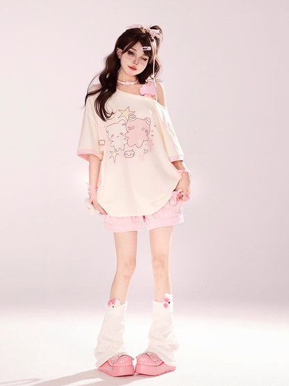 Elastic Waist Shorts Paw Embroidery Pink/Blue/Black Kitty