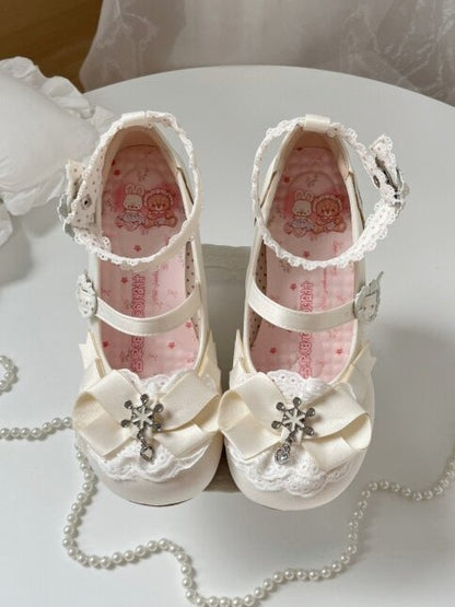 Elegant White Slope Heel Lolita Shoes with Lace and Bow - Vintage Sweetheart