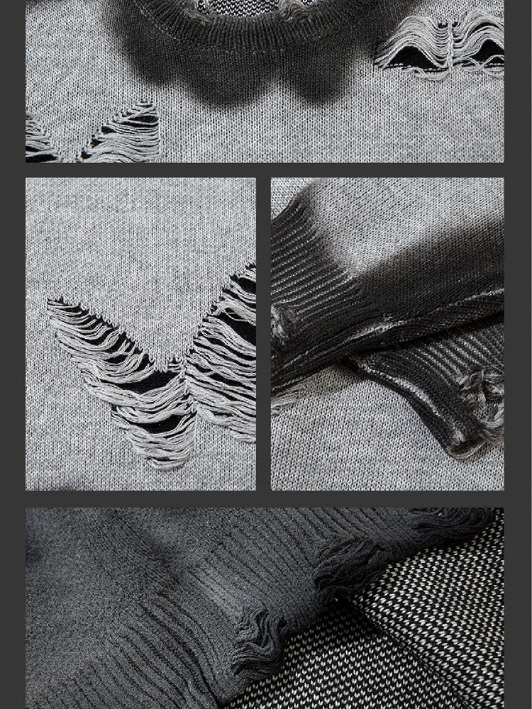 Y2K ブラック/グレー バタフライシェイプ ダメージ加工 ホールズ ラウンドネック セーター