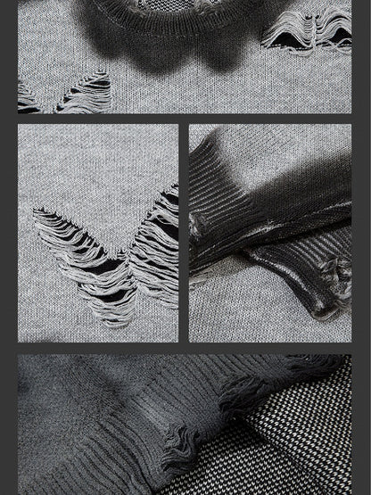 Y2K ブラック/グレー バタフライシェイプ ダメージ加工 ホールズ ラウンドネック セーター