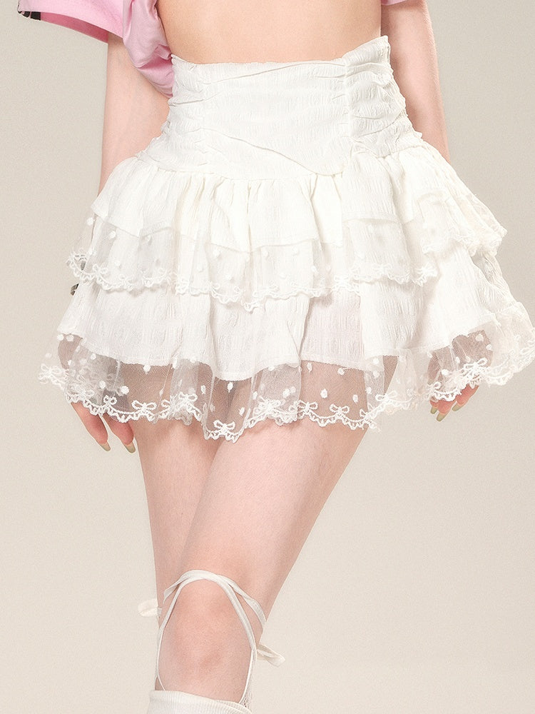 スカート グラマラス ティアード ミニ ウエスト メッシュ ホワイト レーストリム ハイ