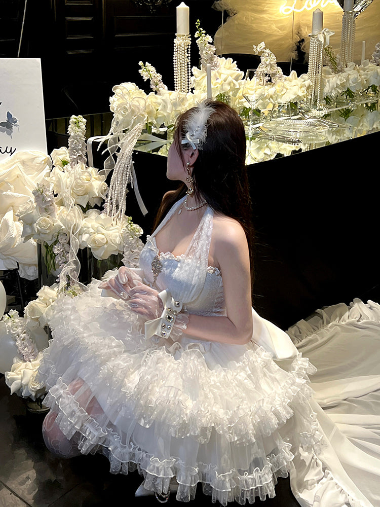 Weißes Hanayome Lolitacore-Kleid mit Neckholder und baskischer Taille zum Selbstbinden