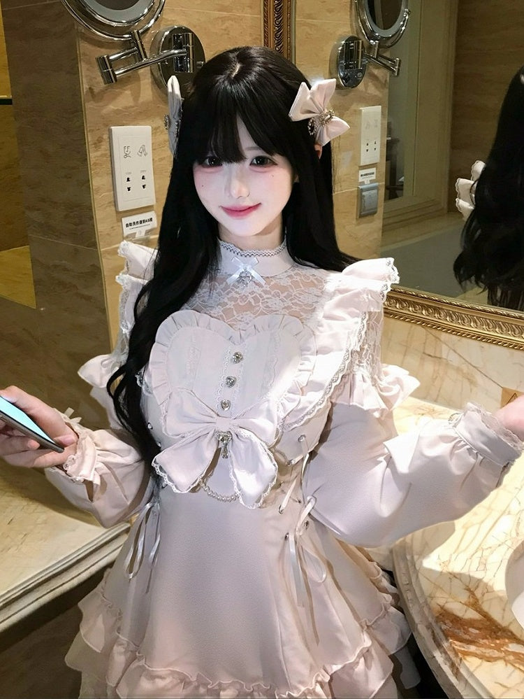 Pink Ryousangata Lace Patch Long Sleeve Dress Shorts Bow Set - Jiuniang Cherry