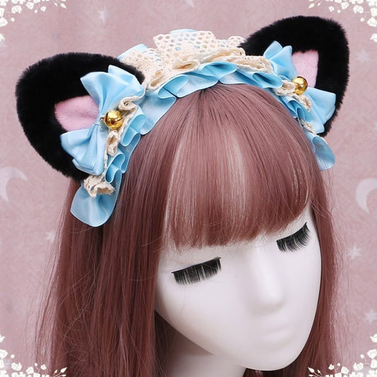 Decorated Lace Lolita Pink with KC Kitty Colors Playful 4 Plush Bow Bell Ears Black