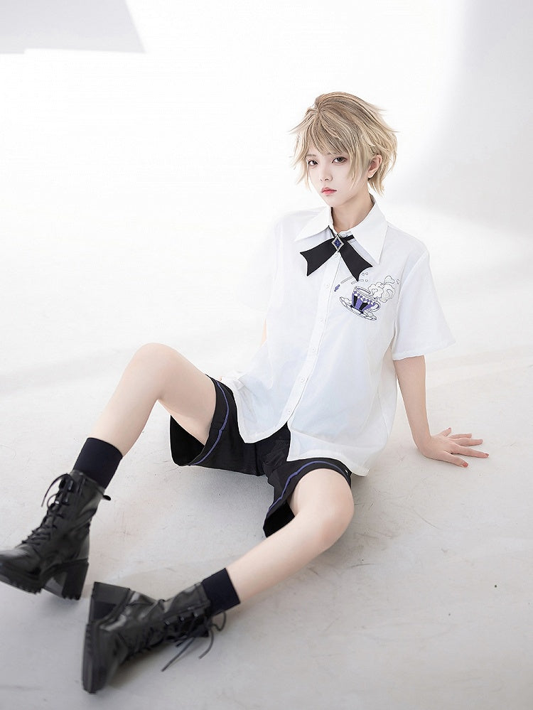 ホワイトファッションティーカップ王子夏刺繍シャツポケット