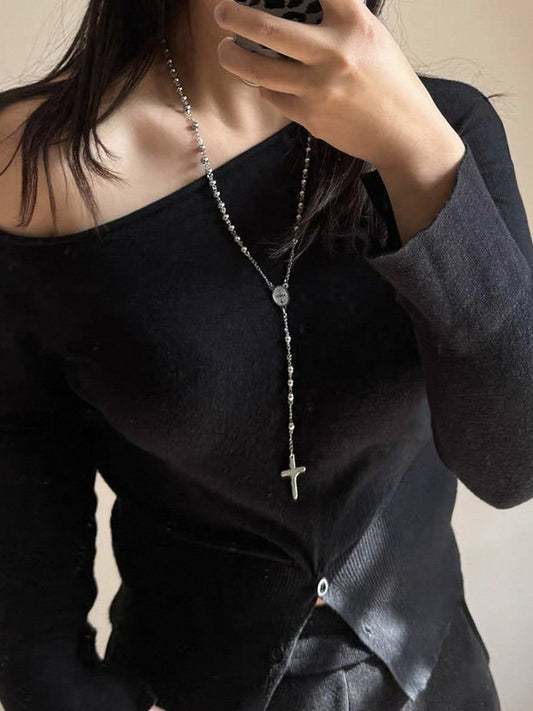 Cross Pendant Silver Beaded Necklace