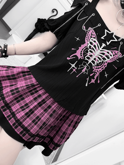Embellished Neckline Butterfly Print T-shirt with Pink Plaid Y2K Chains Skirt Set Black