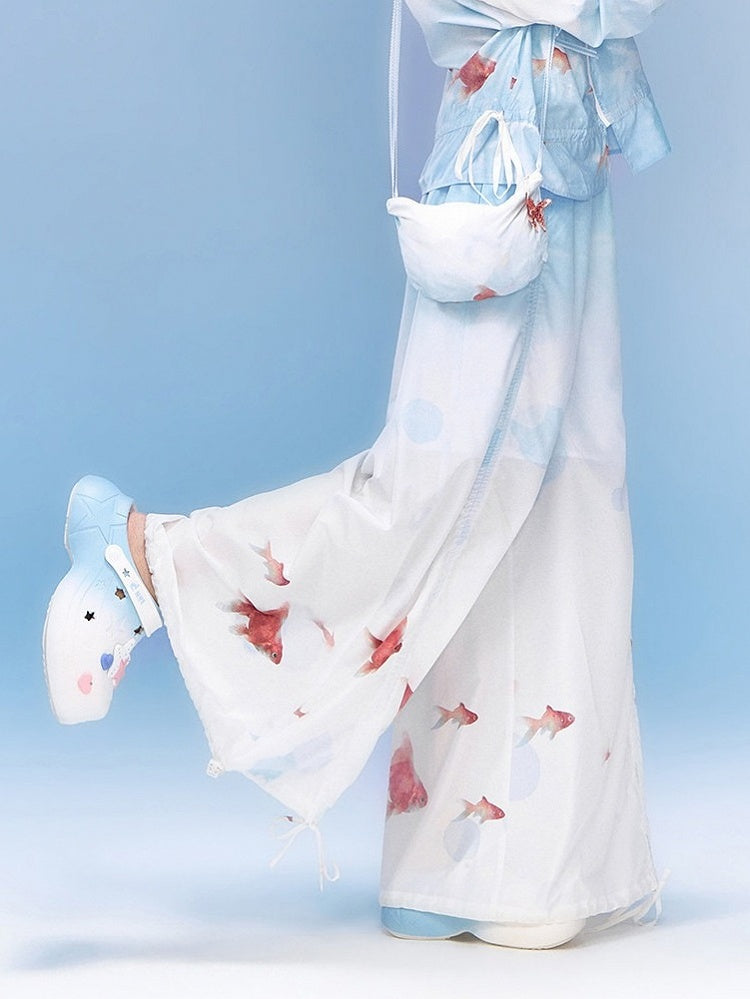 Blue White Wide-Leg Elastic Waist Pants with Goldfish - Zao Jing Ji