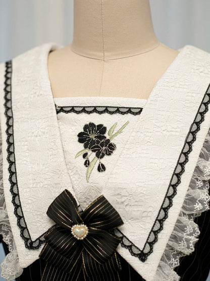 Black Striped Sailor Collar Short-Sleeve Dress with Cherry Blossom Embroidery and Matching Shorts - Dream Core Waves