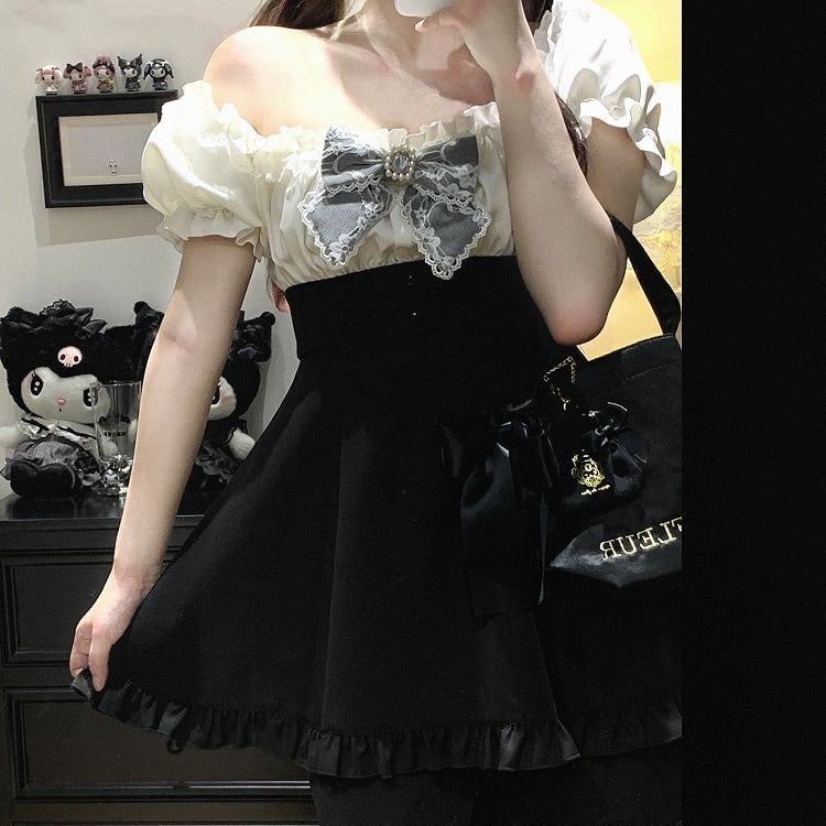 オフショルダーネックラインミニドレス＆ショーツセット ジライケイ ブラック/ピンク/ブルー