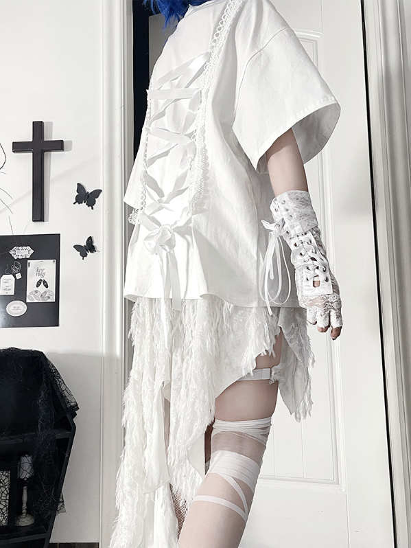 Back Square Neck Print Gothic Lace-UpAnime Sleeve White Topwith Short