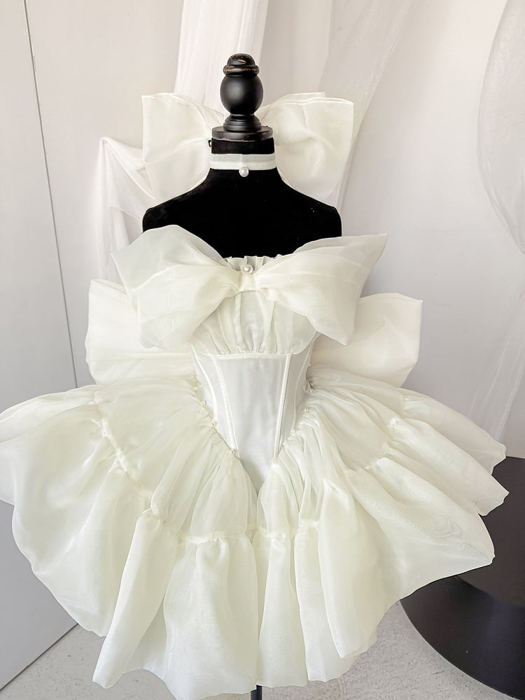 Light Yellow Basque Waist Big Bow Neckline Princess Birthday Dress
