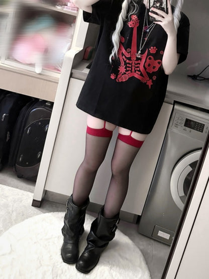 Red Guitar Print Rock Punk Black and Jirai Kei T-Shirt with Guitar Pick Necklace