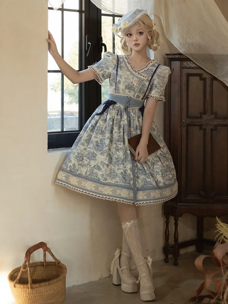 Blue Cabins in the Forest Front Button Placket Skirt Short Sleeves Lolita Dress