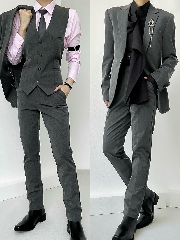 Lolita Straight-Leg Loops Pants Ouji Gray Pockets with Slant High-waist Belt