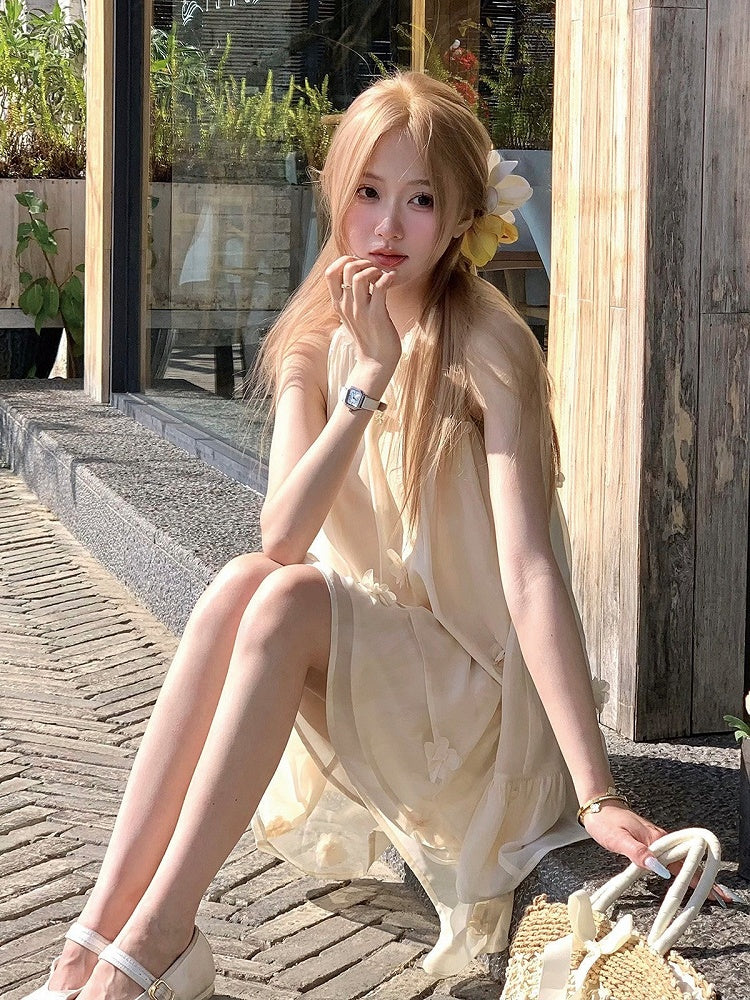 Milk Yellow Halter Dress with Floral Accents - Qchiwawameme