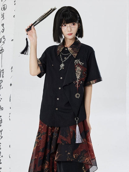 Embroidered Dragon Short Sleeve Shirt - Qing Tang Original