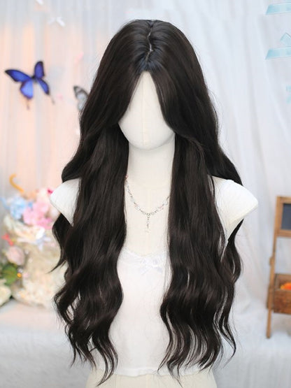 Black Tea Under Bust Length Wavy Wig with Curtain Bangs
