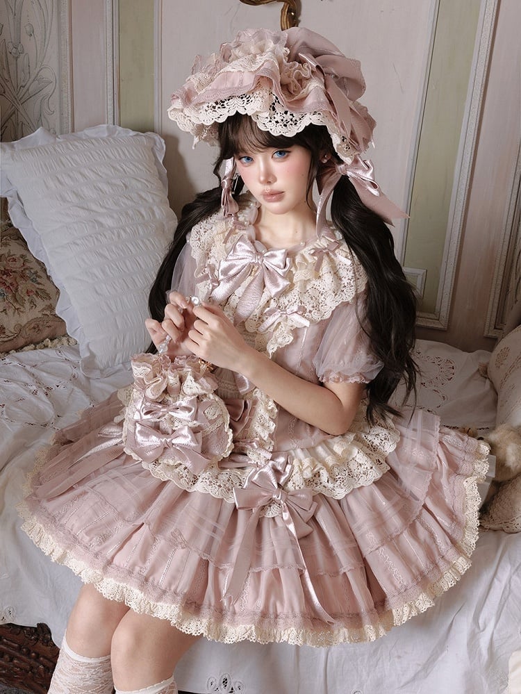 Bow-embellished Bead Beige Lolita Pink Lace with Chain Handbag Strap