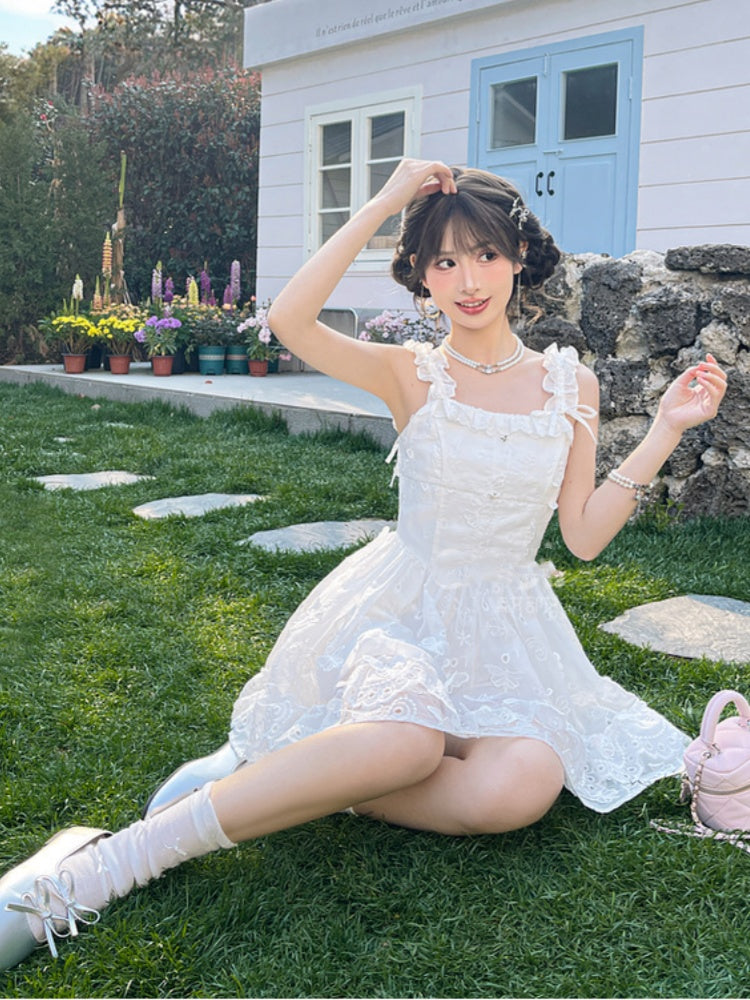 Sleeveless Dress Embellished Sweet White Ruffled Square Neckline Butterfly