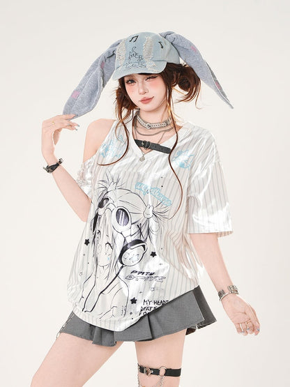 Satin Anime Girl Print Cutout Shoulder T-shirt White Pattern Striped V-neck