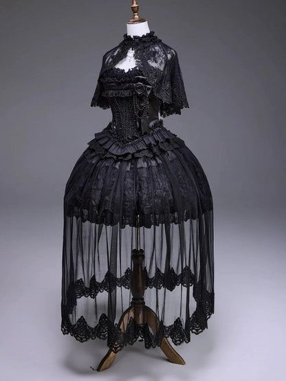Black Elegant Classic Loli Dress Set with Cape and Brooch - Airfreeing
