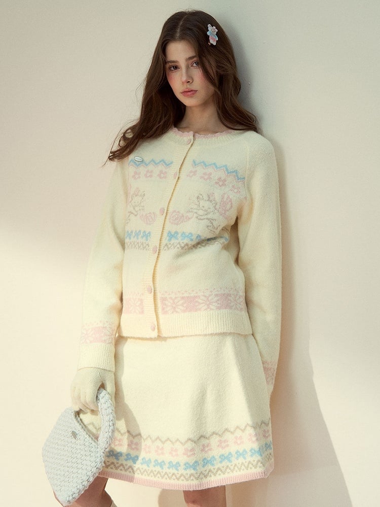 Cat with Vintage Kawaii Knit Beige Design Pattern Skirt