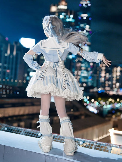 Kitty Light Bow Kaiwai Set Blaues JSK-Kleid Kurz geschnittenes Tenshi Lolita Sailor Striped Big Top Muster Ohren + - Kragen