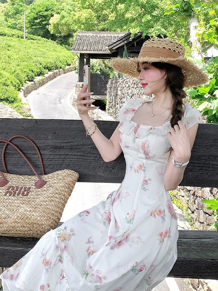 Apricot Summer Vacation Dress with Floral Pattern - Qchiwawameme