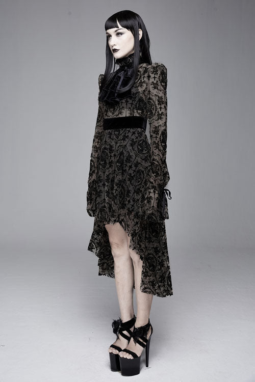 Black Floral Flocked Print Long Sleeves Velvet Tie Women's Gothic Dress
