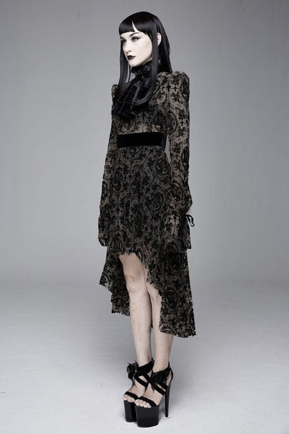 Black Floral Flocked Print Long Sleeves Velvet Tie Women's Gothic Dress