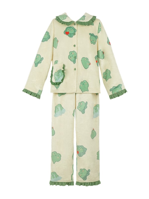 Grünes Flanell-Pyjama-Set mit Oberteil und Hose mit Frosch-Print