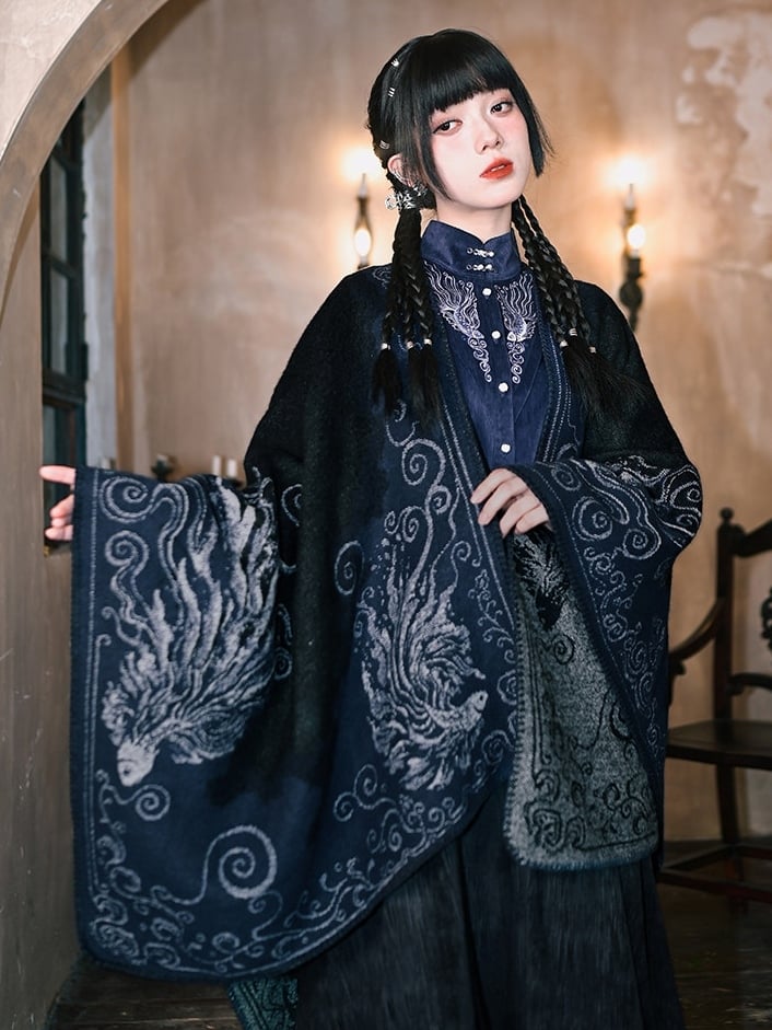 Sleeves Cheongsam - Collar Navy Blue Blouse Goth Mandarin Pipa