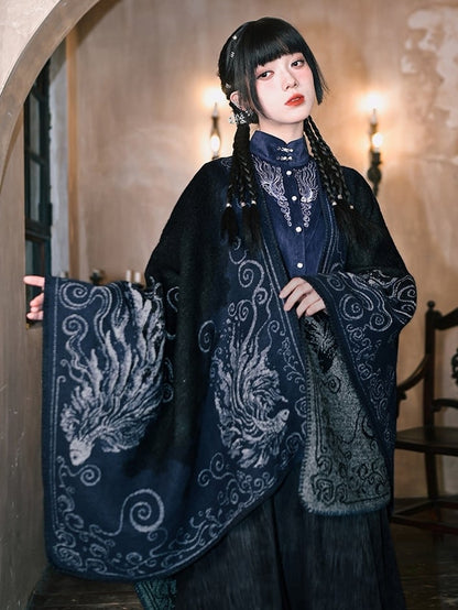 Sleeves Cheongsam - Collar Navy Blue Blouse Goth Mandarin Pipa