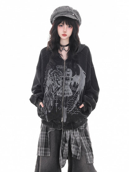 Dark Kawaii Dark Gray Zip-Up Hoodie with Portrait Graffiti Print - KNOW8 Online Shop