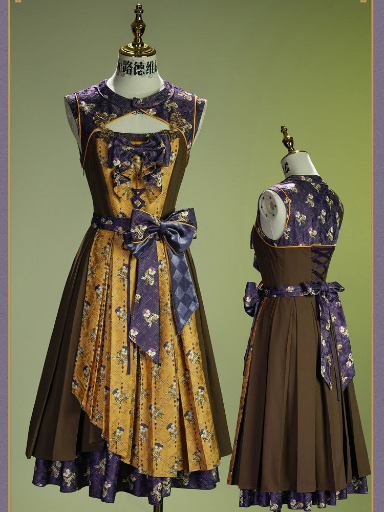 Yellow & Purple Retro Floral Print Lolita JSK Dress with Layered Skirt - Neoludwig