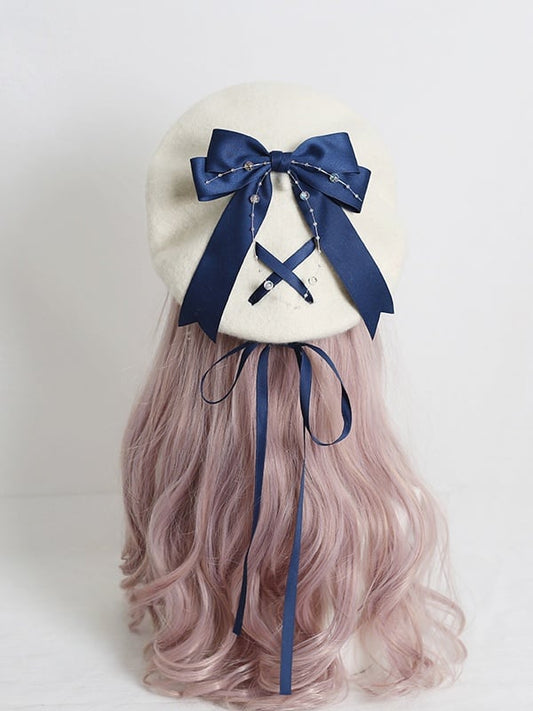 6-Color Bowknot Cute Ribbon Beret With Lolita Off-White Optional